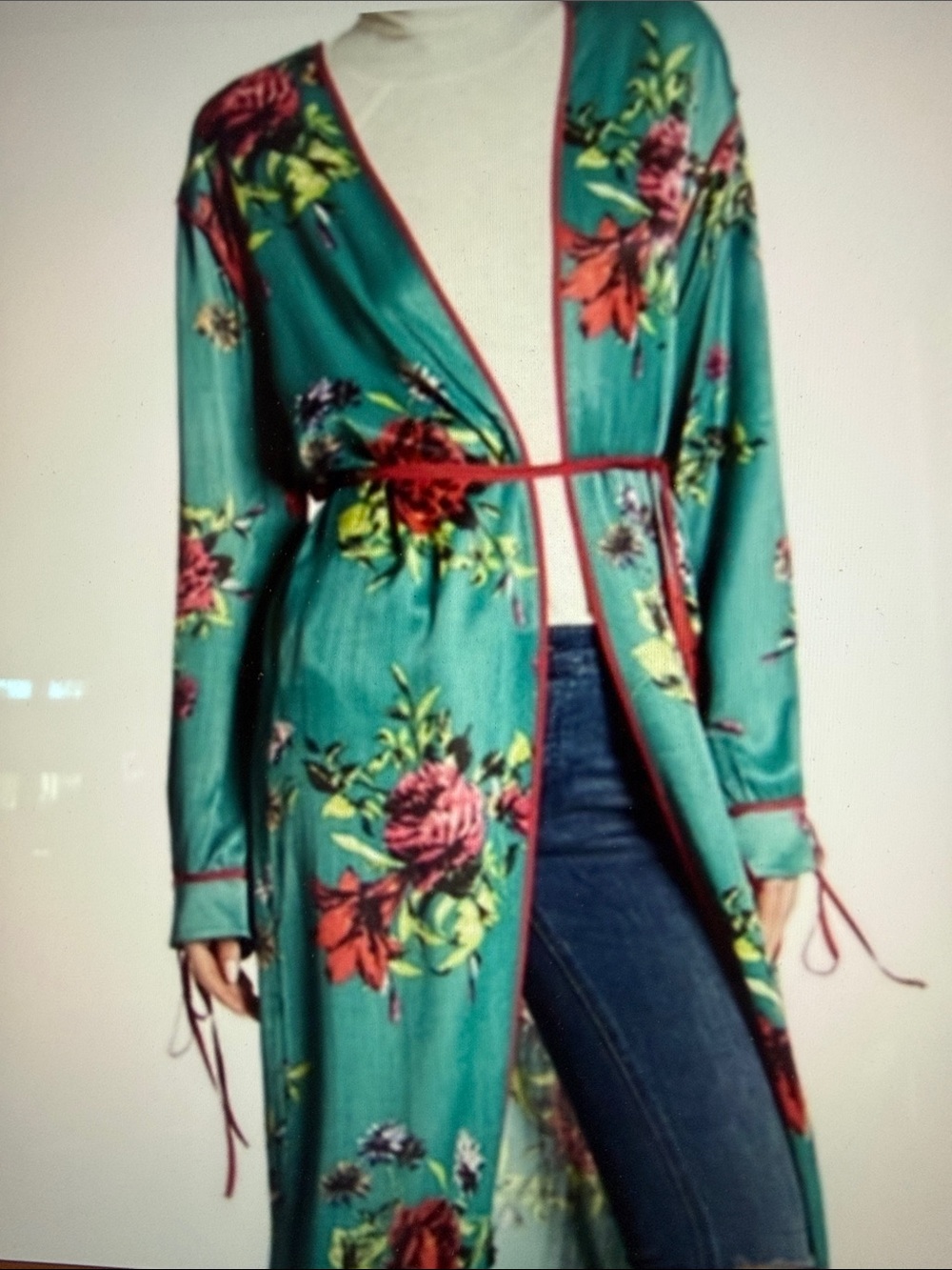 Free People Maxi Green Floral Duster Kimono with Pink Accents Sz. L - Picture 3 of 11